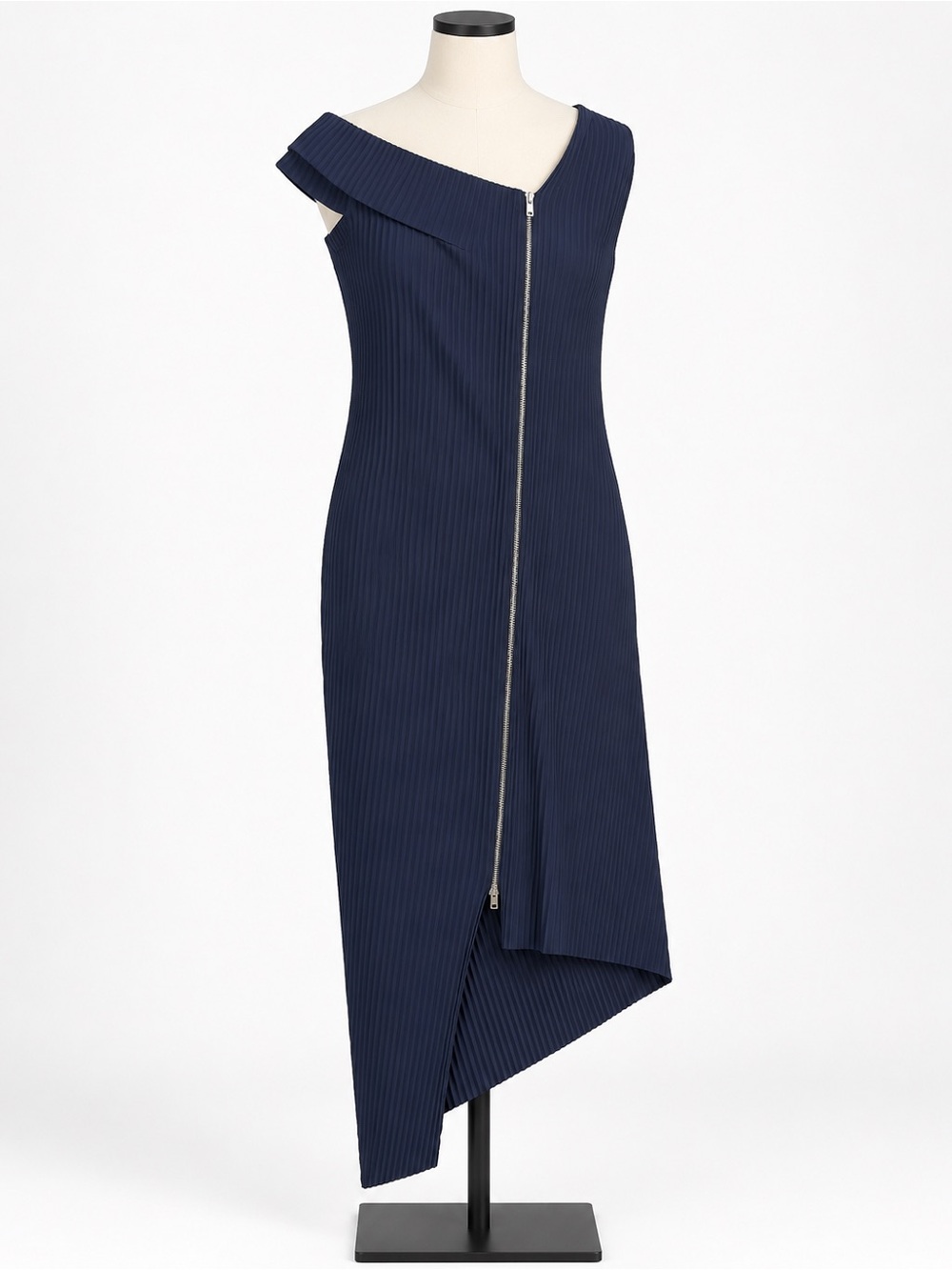 Asymmetrical Navy One-Shoulder Zip-Front Dress